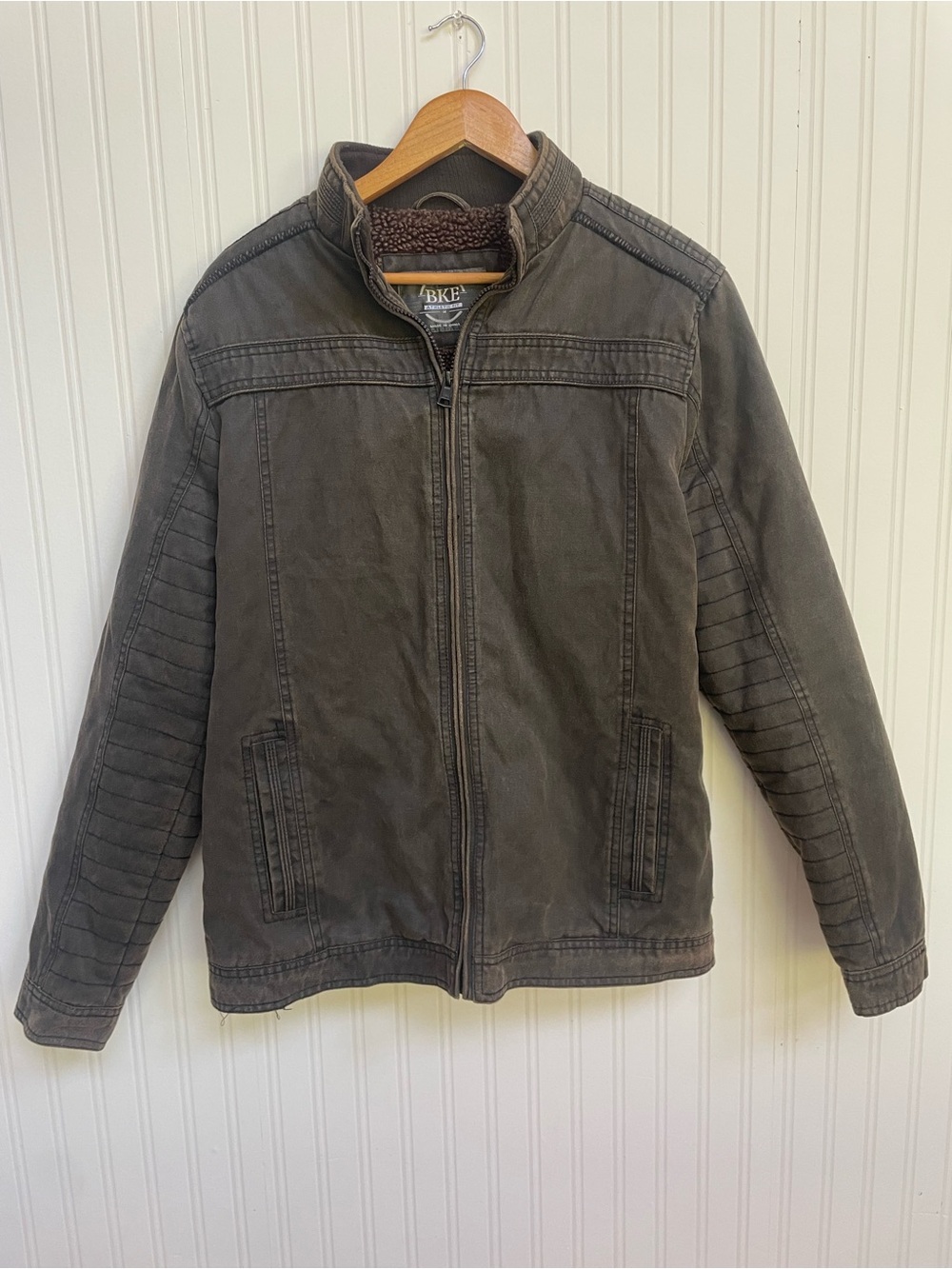 BKE Buckle Men's Distressed Brown Canvas Moto Jacket Sherpa Lined Size M